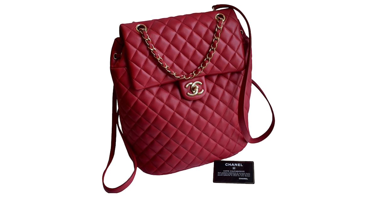 Chanel Timeless Quilted Backpack w/ card Red Leather Lambskin ref