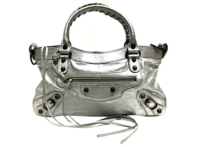 Balenciaga Silver Motocross Classic First Leather Satchel Silvery