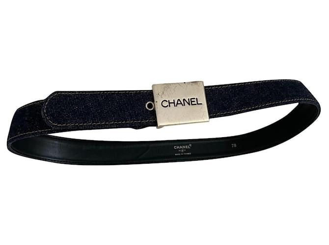 Chanel Belts Navy blue Silver hardware Leather Cotton ref.351994