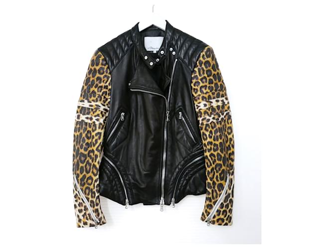 3.1 Phillip LIm Leopard Sleeve Leather Biker Jacket Black ref