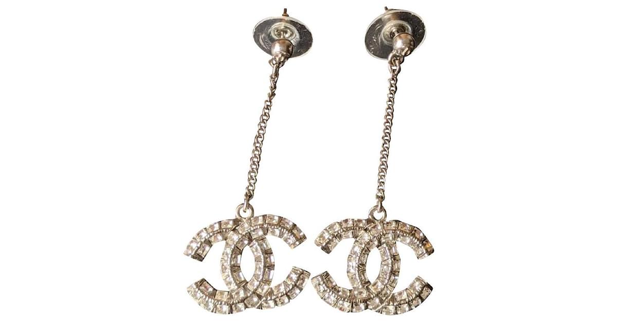 Chanel CC Logo Baguette Crystal SHW Dangling Earrings Box Silver hardware  Metal ref.361040 - Joli Closet