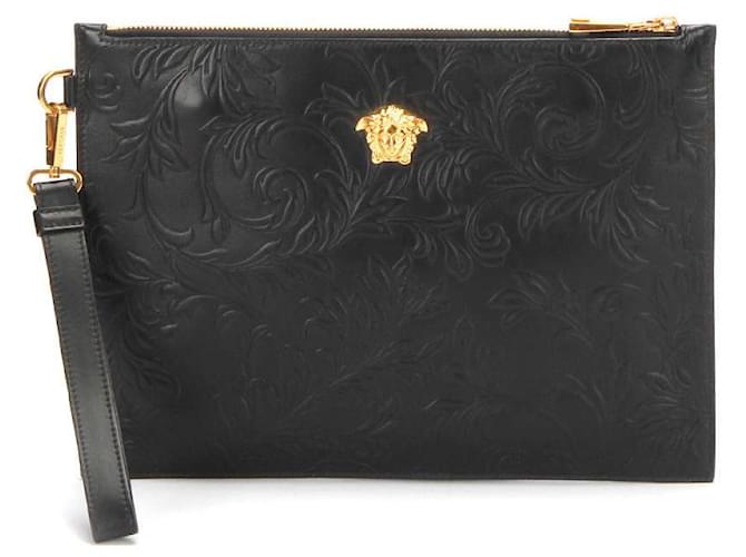 Versace Medusa Floral Embossed Clutch Bag Black Leather ref