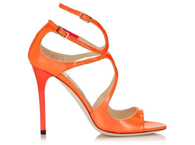 Jimmy Choo Lang Neon Flame Patent Sandals Heels Orange Patent