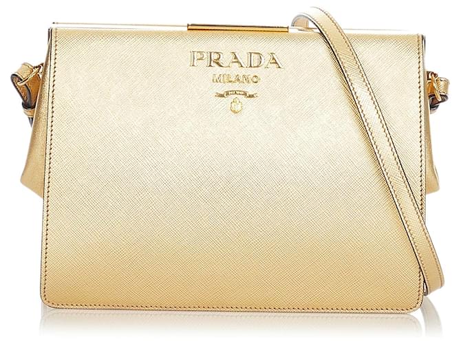 Prada Gold Saffiano Light Frame Crossbody Bag Golden Leather Pony