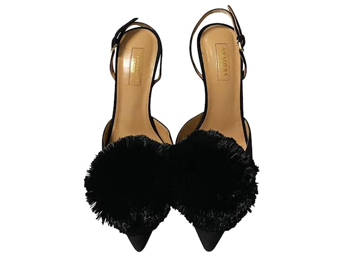 Aquazzura Powder Puff Pompom Slingback Pumps Black Suede ref