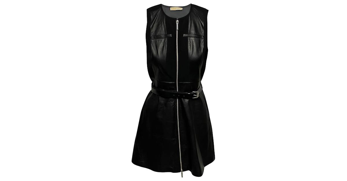 Michael Kors Skater Dress with Belt in Black Leather  - Joli  Closet