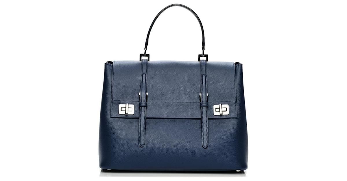 Prada Saffiano Cuir Baltico Double Handbag / Tote - Dark Blue - Large