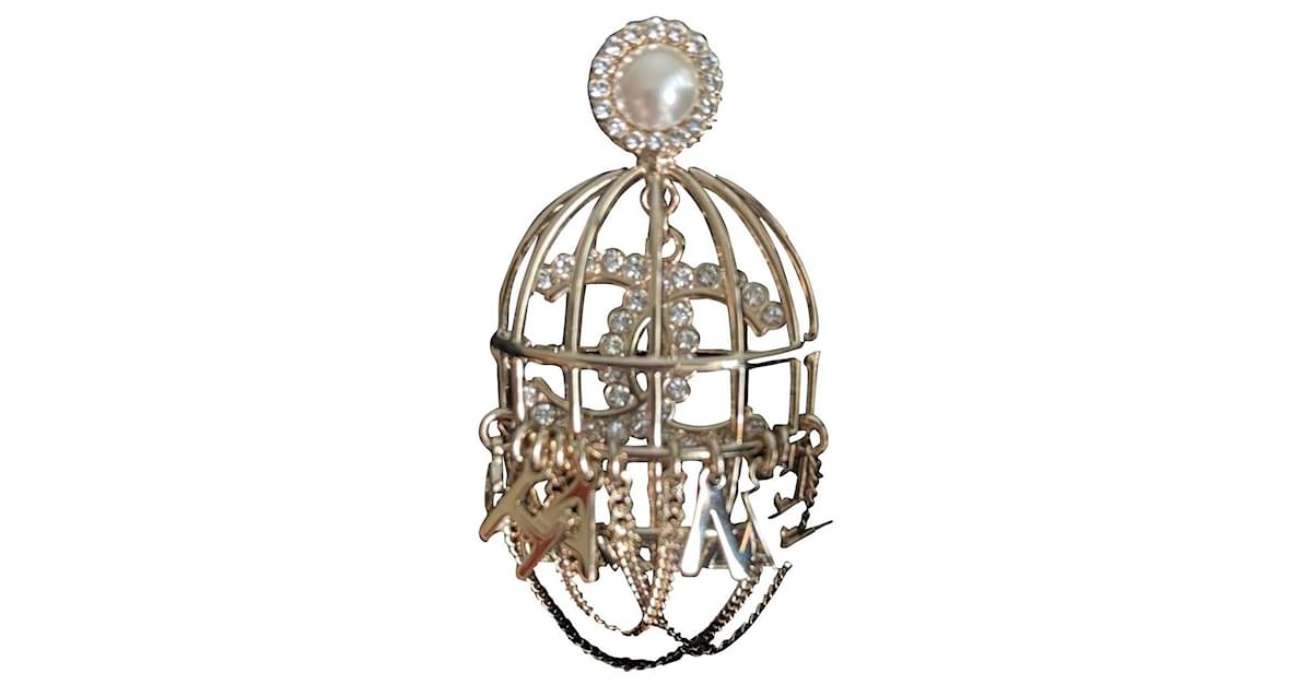 CHANEL Pearl Crystal Birdcage Pin Brooch Light Gold 590772