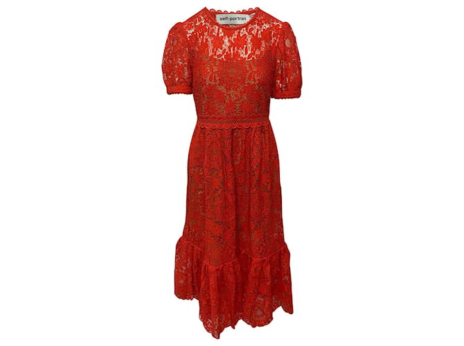 chinese dress ladies Burgundy Guipure Lace Midi Dress  self-portrait-US