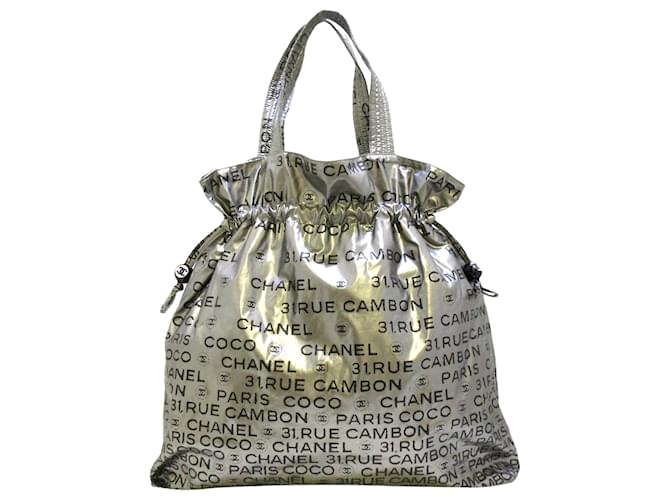 Chanel Silver Cambon 31 Rue Nylon Tote Bag Black Silvery Cloth ref