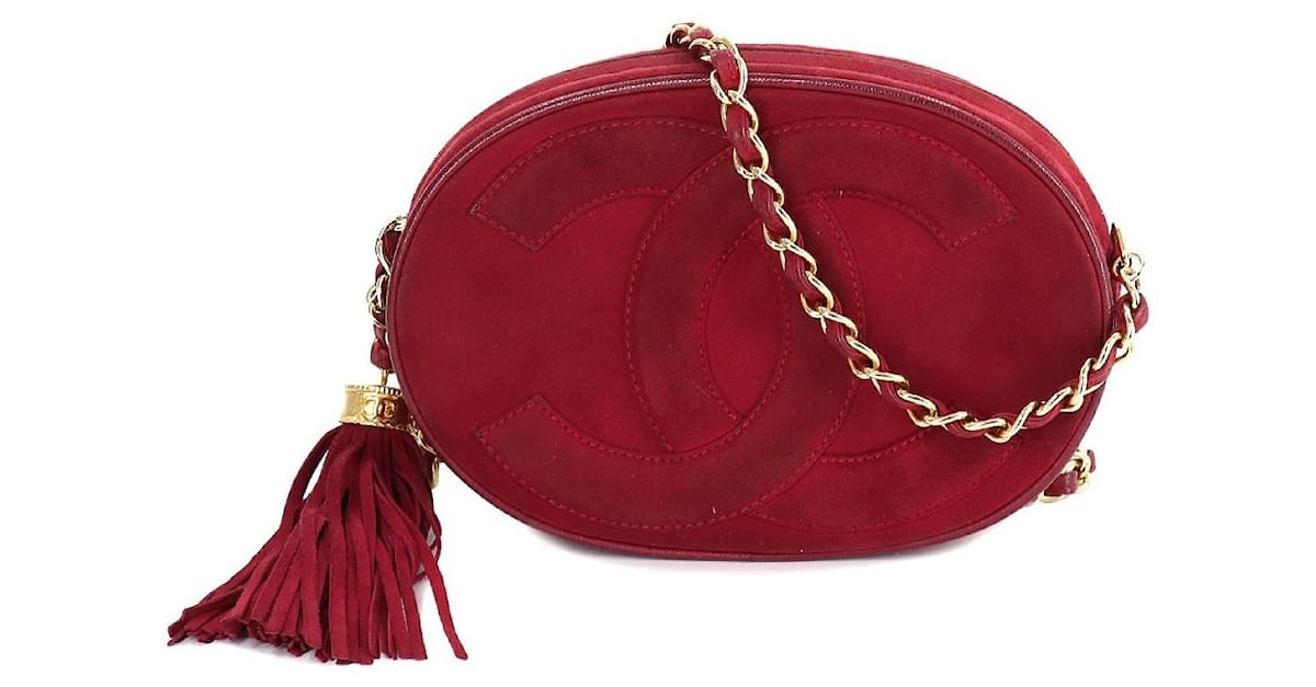 Used] CHANEL Coco Mark Round Chain Shoulder Bag Suede Red Fringe