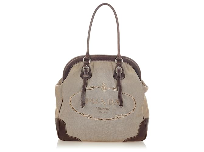 Prada Brown Canapa Frame Shoulder Bag Beige Leather Cloth
