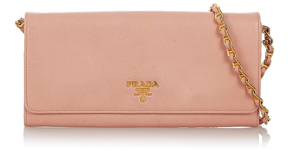 Prada Pink Saffiano Leather Wallet on Chain Pony-style calfskin