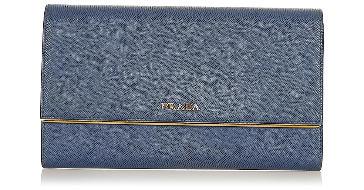 Prada Blue Saffiano Leather Long Wallet Navy blue Pony-style calfskin  ref.424505 - Joli Closet