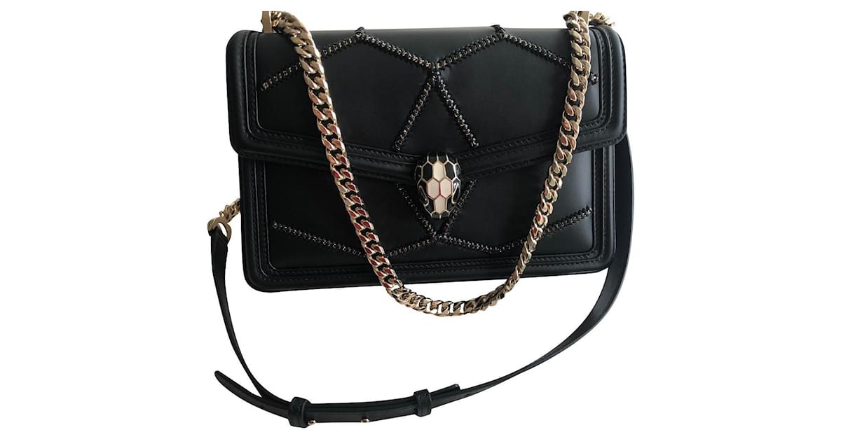 Bvlgari Serpenti Diamond Blast Leather Shoulder Bag- Black