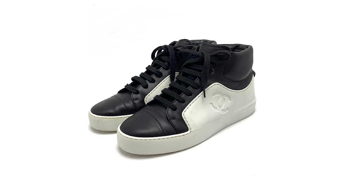 CHANEL sneakers COCO Mark leather Black white mens Used –