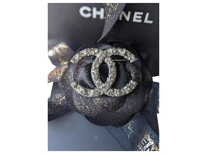 Chanel CC A14P Logo Crystal Ruthenium Gunmetal Brooch Black