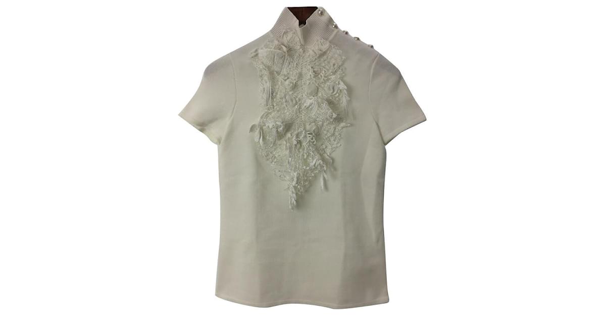 CHANEL Sweater / Short sleeve knit / Lace / Coco mark / Coco button / 36 /  Cotton / WHT / Plain / Secast White ref.439842 - Joli Closet