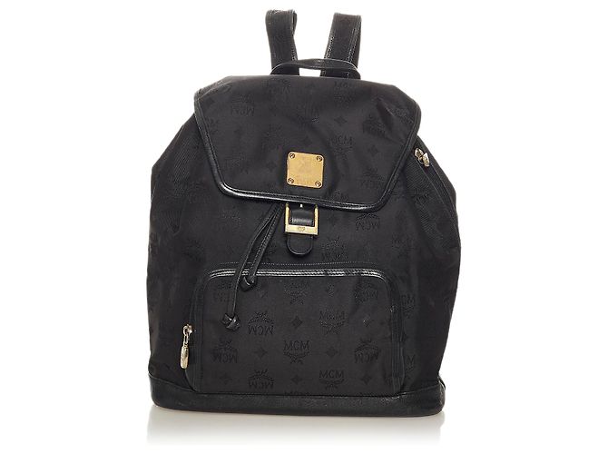 MCM Black Visetos Nylon Drawstring Backpack Leather Pony  display picture 1