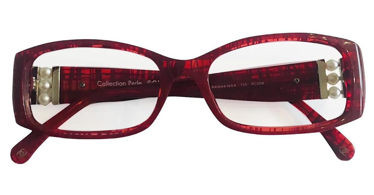 Chanel Pearl Glasses Frame Red Metal Plastic ref.443917
