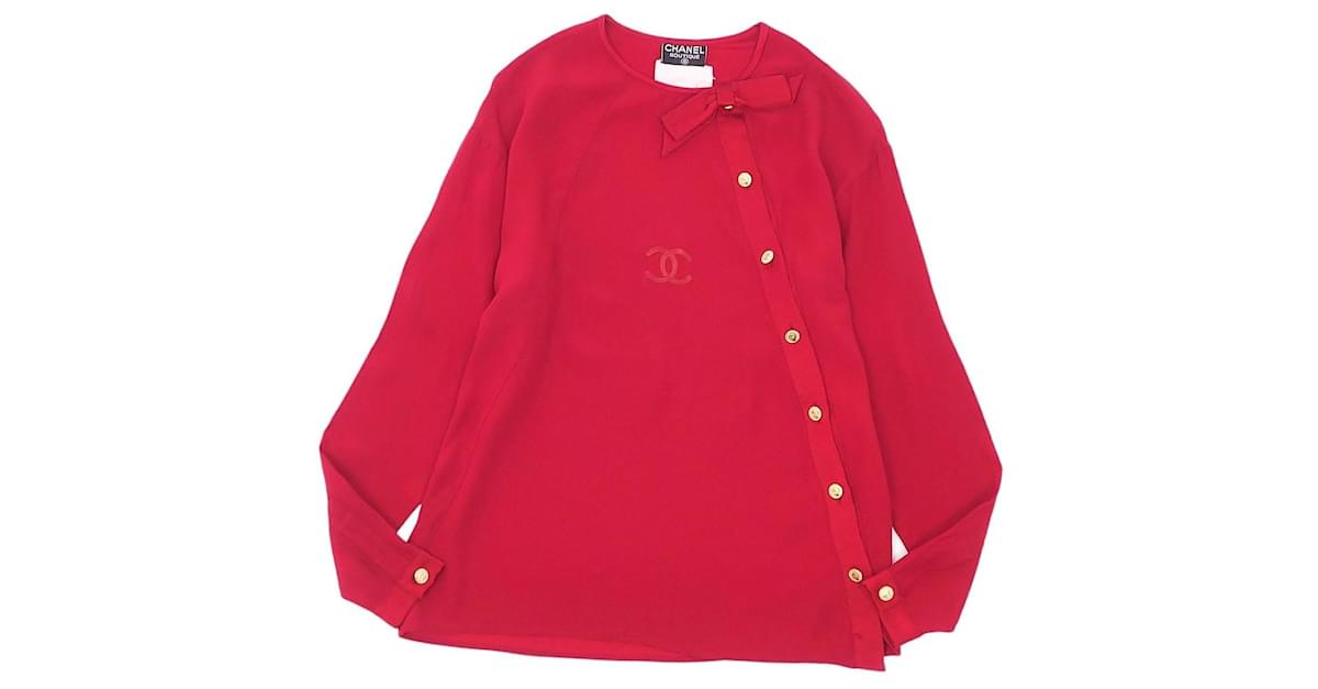 Vintage Chanel Shirt Blouse Coco Mark Coin Button Ribbon Silk Long Sleeve  Tops Used Clothing Red Size S Equivalent ref.445016 - Joli Closet