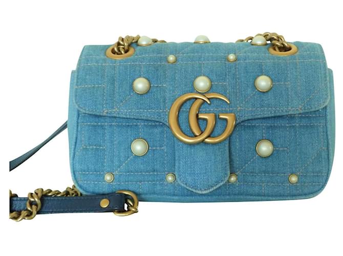 GUCCI Marmont Denim and Pearls bag Blue Joli Closet