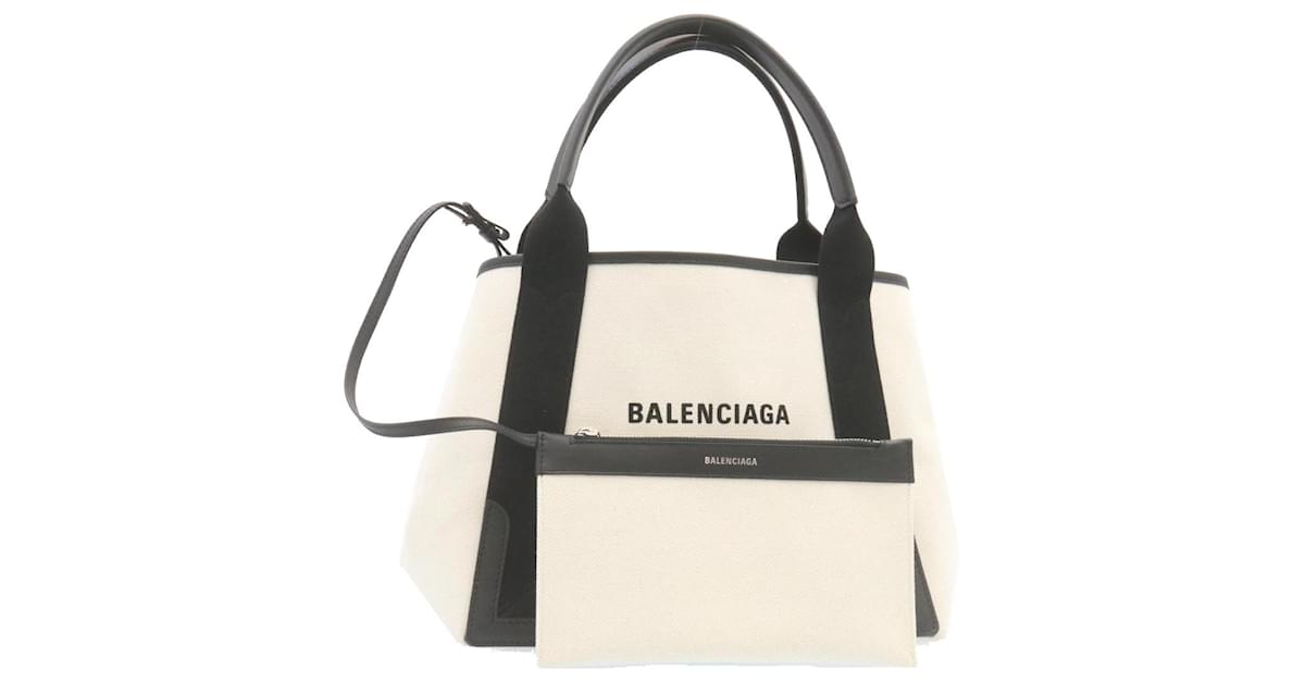 Balenciaga Tote Bag Navy Cabas XS Ladies Greige Canvas Leather 390346