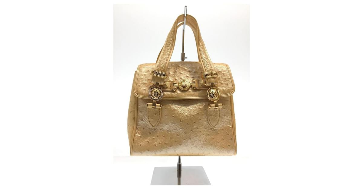 Gianni Versace Gold Ostrich Leather Handbag Lock Metallic Gold Satchel Bag