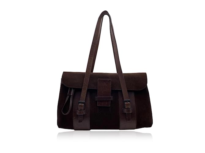 GUCCI 25S HANDBAG 28 CM IN DARK WOOD BROWN SUEDE WITH GOLD HARDWARE