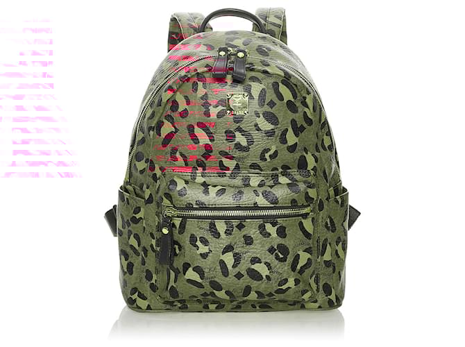 MCM Red Visetos Leopard Print Leather Backpack Multiple colors