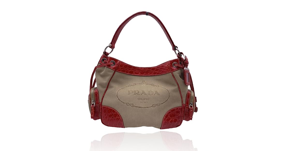 Vintage Shoulder Bag PRADA Logo Canvas Red Leather Bag Prada 