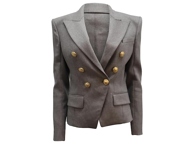 Balmain Fitted Double Breasted Blazer in Grey Wool