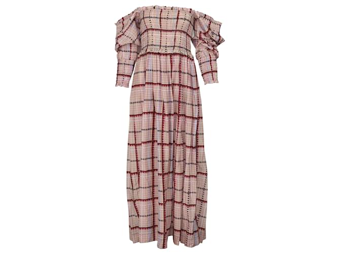 Ganni Check Ruched Maxi Dress in Pink Cotton Joli Closet