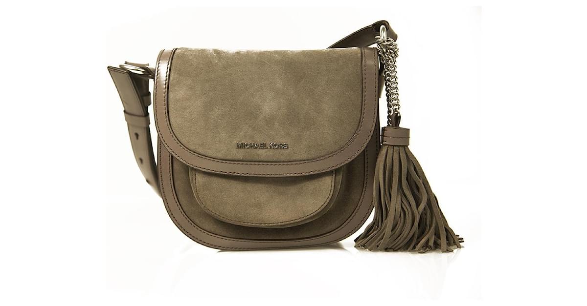 Michael Kors Gray Suede Leather Tassels Cross Body Handbag Saddle Shoulder  Bag Dark grey  - Joli Closet