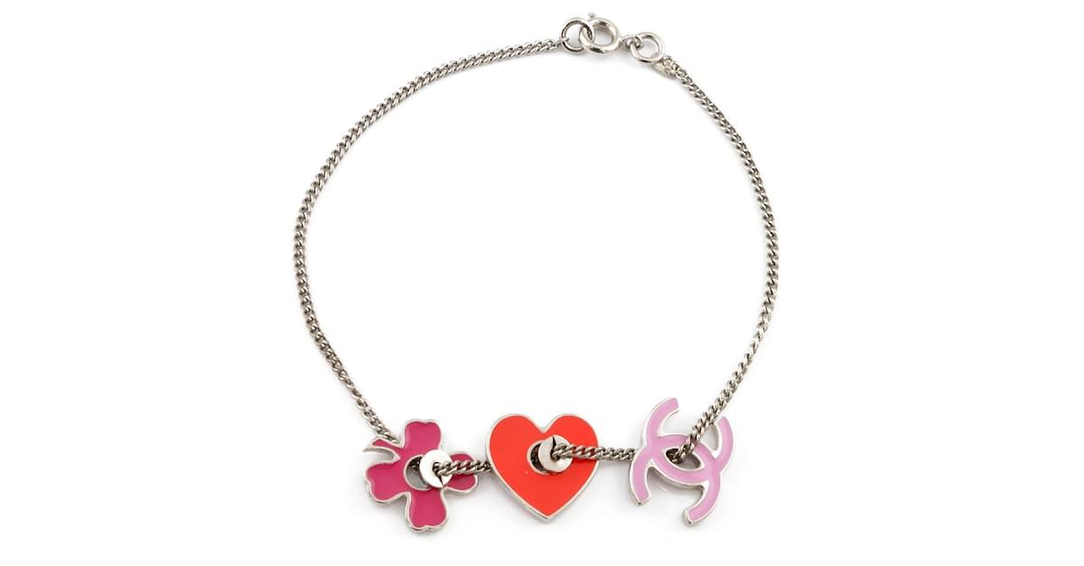 Chanel Bracelet Coco Mark Heart Clover Silver Pink Red Ladies Silvery Metal  ref.472879 - Joli Closet