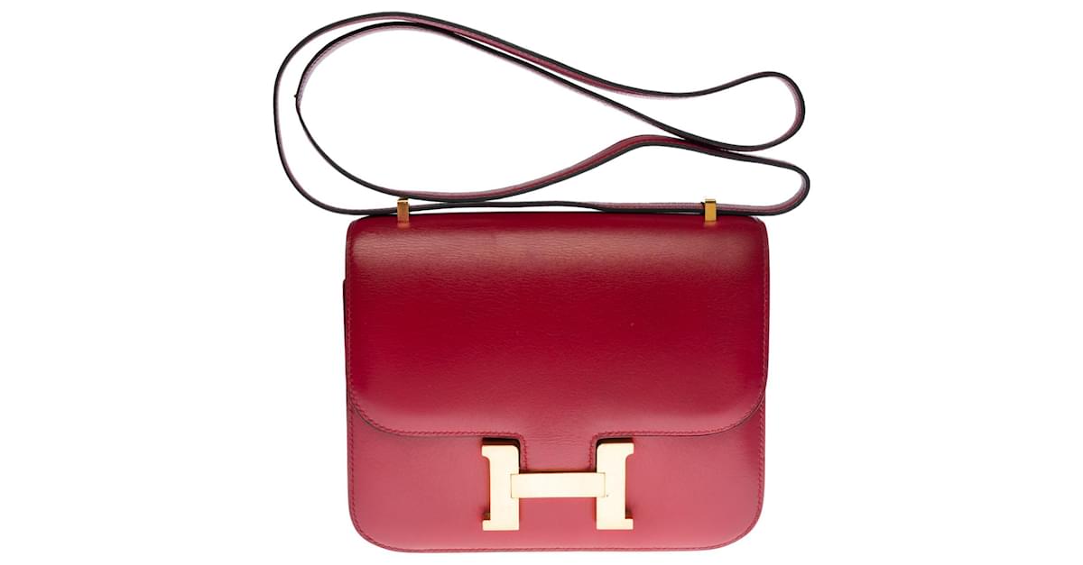 Splendid Hermès Constance Mini shoulder bag in burgundy box leather (Red  H), gold plated metal trim Dark red ref.474200 - Joli Closet