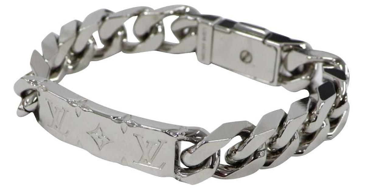 LOUIS VUITTON Chain Bracelet Metal Monogram Logo Plate Silver Silvery ...