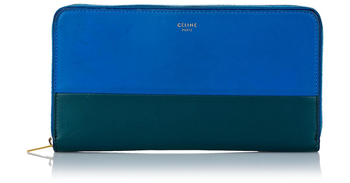 Céline Celine Blue Large Zipped Multifunction Bicolor Leather Wallet Green  Dark green Pony-style calfskin ref.480701 - Joli Closet
