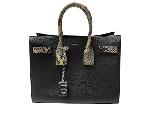 Saint Laurent Sac de Jour Handbag with Python Trim in Black calf