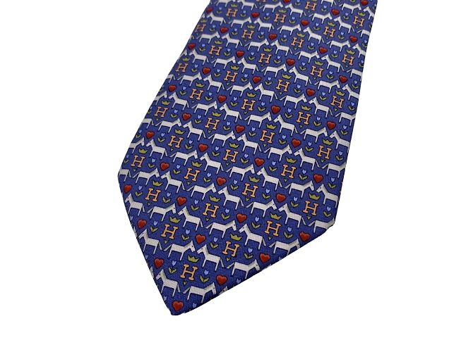 Cravate HERMÈS Vintage - Motif Etriers De Cheval - 100% Soie Bleue - Longueur 145 Cm - Occasion