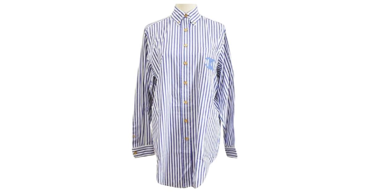 *[Used] Chanel Striped Shirt Pocket Coco Mark White x Blue Gold Button  CHANELO Logo Button (36) Women's Shirt Cotton ref.499863 - Joli Closet