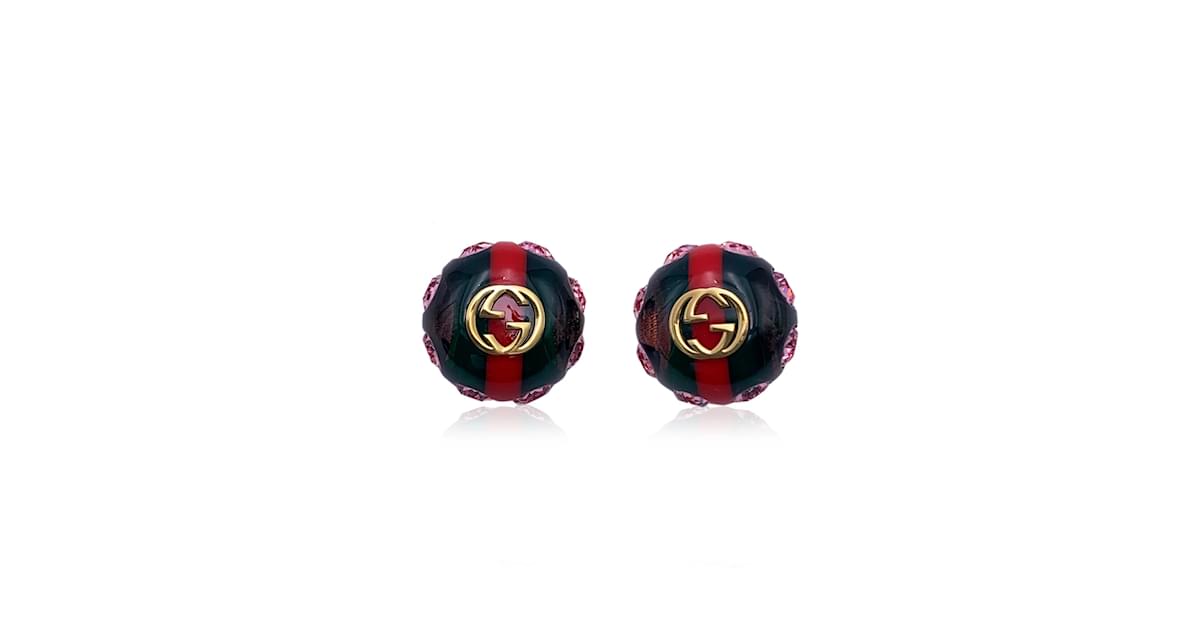 Authentic GUCCI Earrings Interlocking GG Logo Green Red Web Large Medallion