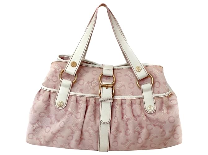 Céline Celine Pink C Macadam Canvas Handbag White Leather Cloth