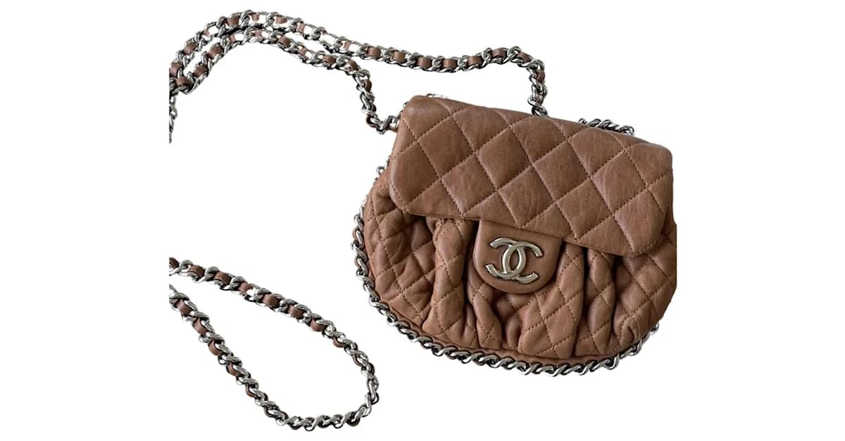 Chanel Camel Beige Large Chain Around Rounded Classic Flap Cross