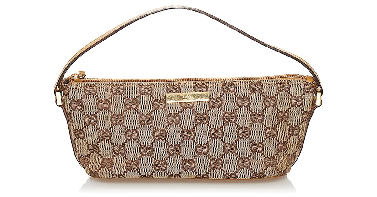 Gucci Brown GG Canvas Boat Baguette Beige Leather Cloth Pony-style calfskin  Cloth ref.274511 - Joli Closet