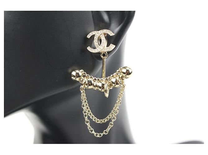Chanel I22C Gold Chain Drop CC Crystal Pierce Earrings Convertible