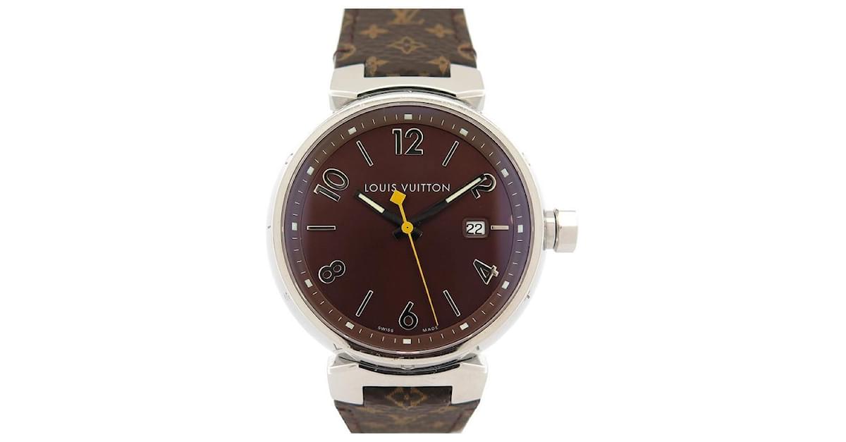 Authentic Louis Vuitton Tambour Quartz Watch in Brown Steel