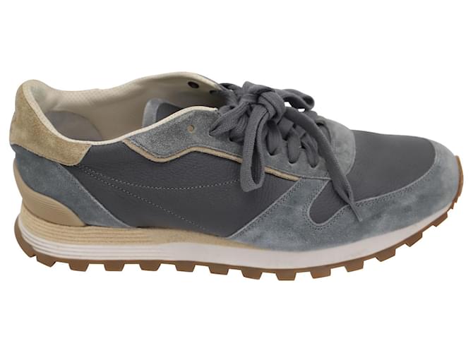 Brunello Cucinelli Panelled Lace-Up Sneakers in Grey Suede