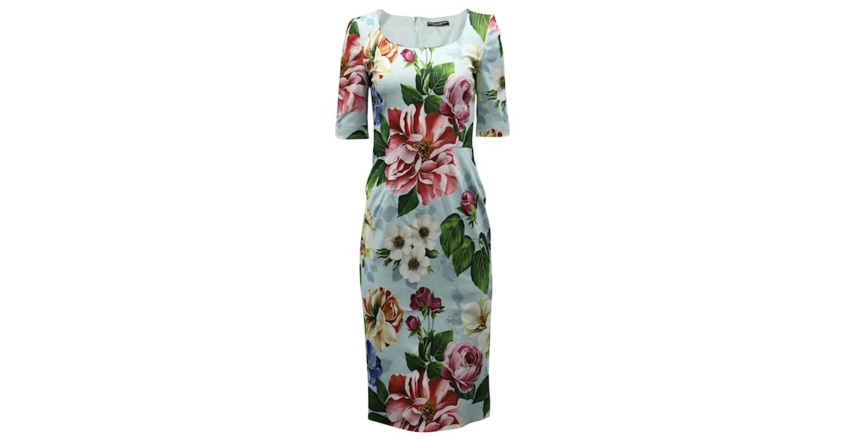 Dolce & Gabbana Floral Print Midi Dress in Light Blue Viscose Polyester   - Joli Closet