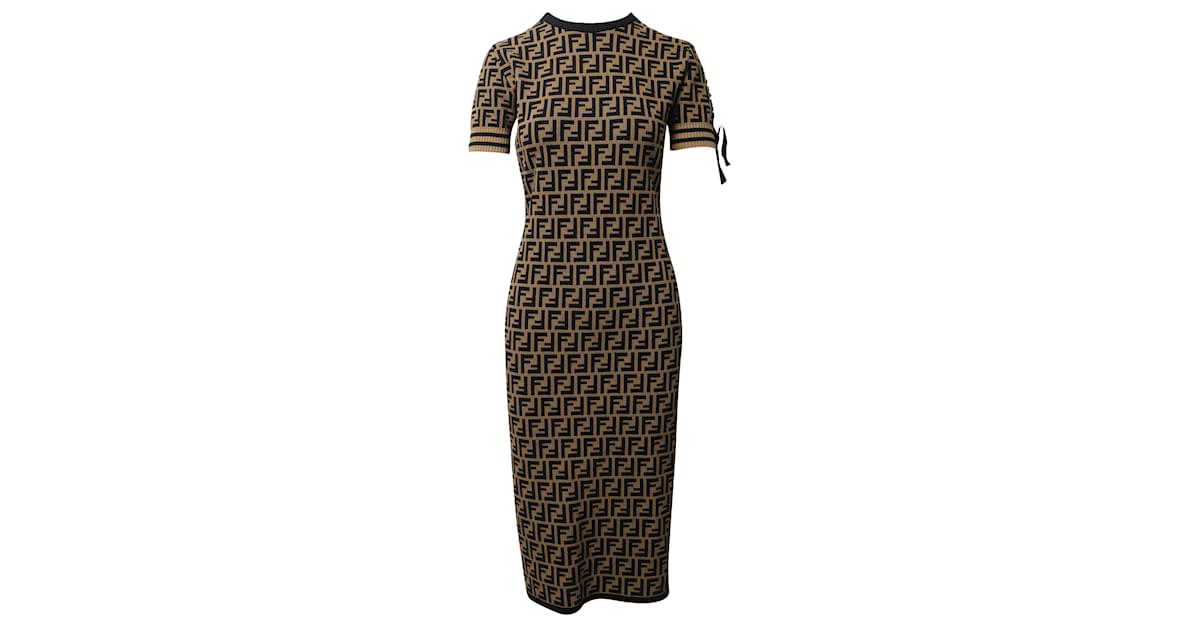 Fendi Ff Logo Print Fitted Dress in Brown